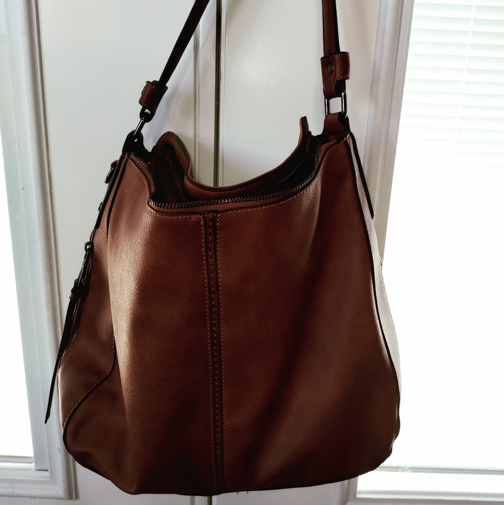 Brown vegan leather bucket bag